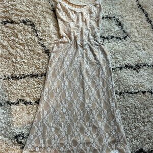 Tiger Mist Beige Maxi Dress with White Lace Overlay